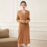 V-Neck Ribbed Cashmere Blend Dress Wrap Pullover Knit Dress